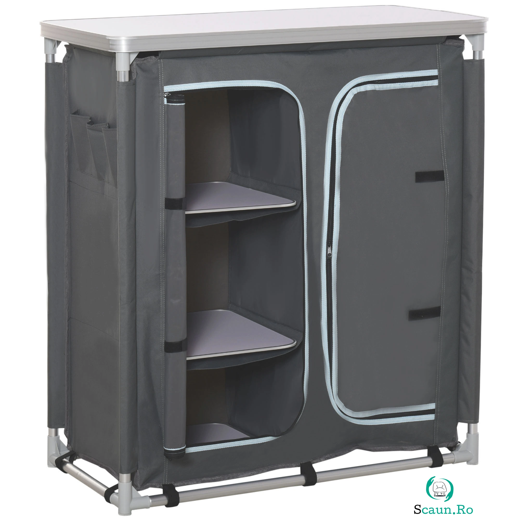 Outsunny Bucatarie de Camping, 3 Etajere și Geanta de Transport, Cadru din Aluminiu 96Lx49.5Px104cm Gri | Aosom Romania la 499.99 lei ron