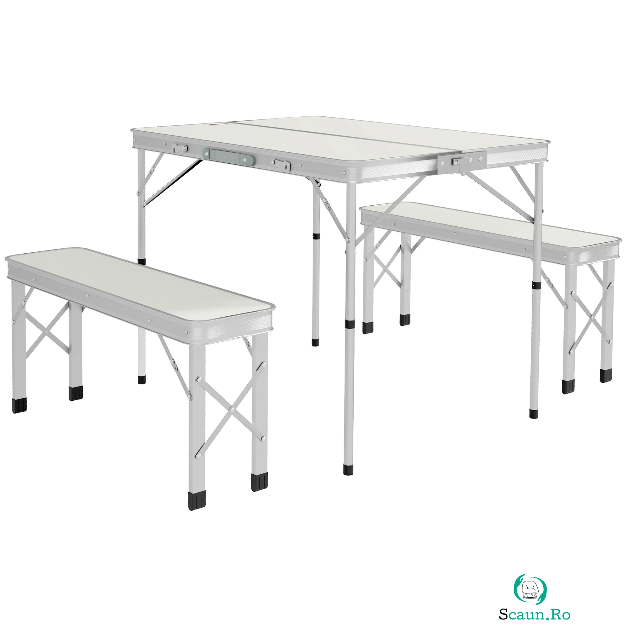 Outsunny Masă Pliabilă de Picnic cu 2 Bănci Exterioare, Masă de Camping din 3 Piese și Scaune din MDF și Aluminiu, 90x62x70 cm, Argintiu la 279.99 lei ron