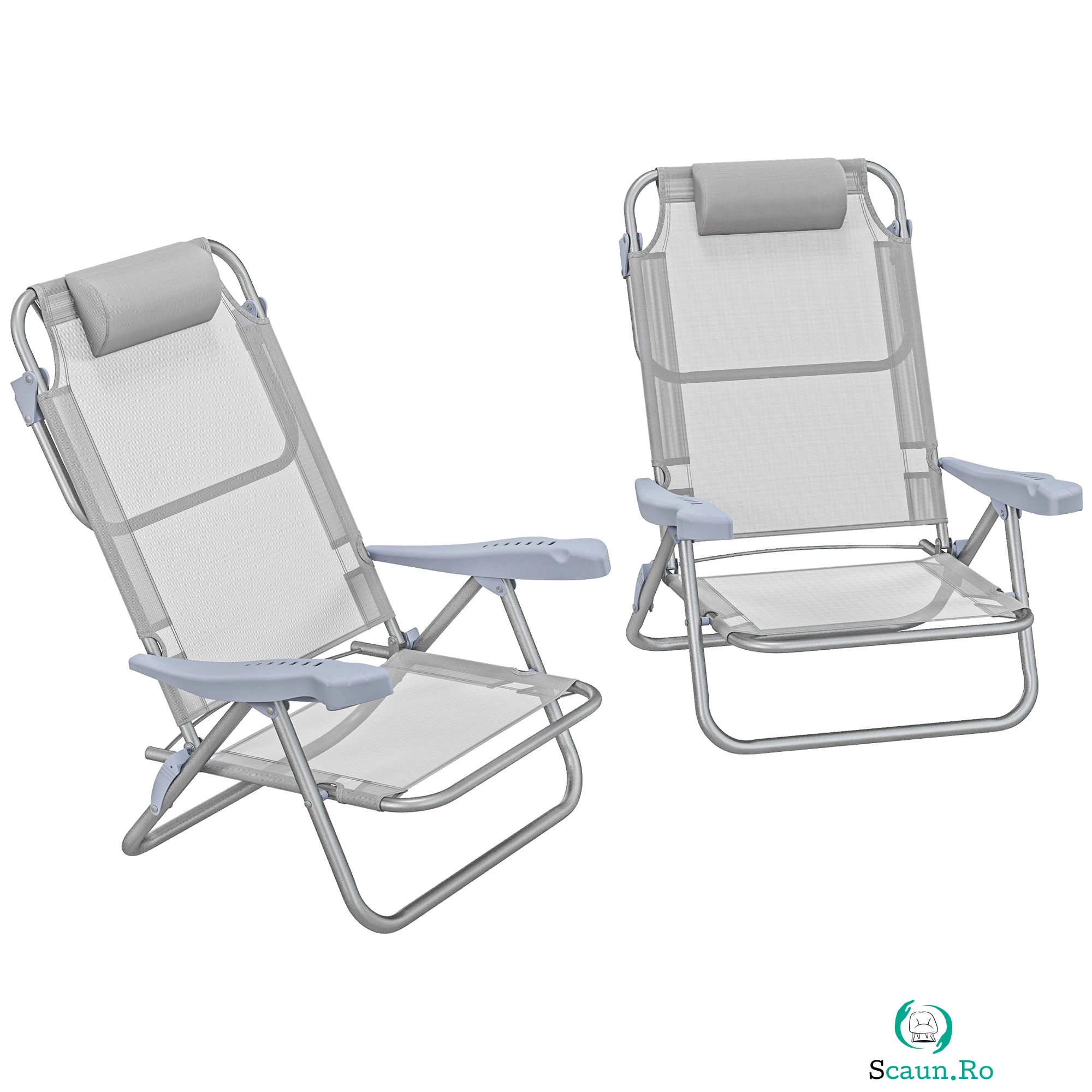 Outsunny Set 2 Scaune de Camping Pliabile cu Tetieră Căptușită și Spătar Reglabil în 6 Poziții, 62x65x80 cm, Gri Deschis | Aosom Romania