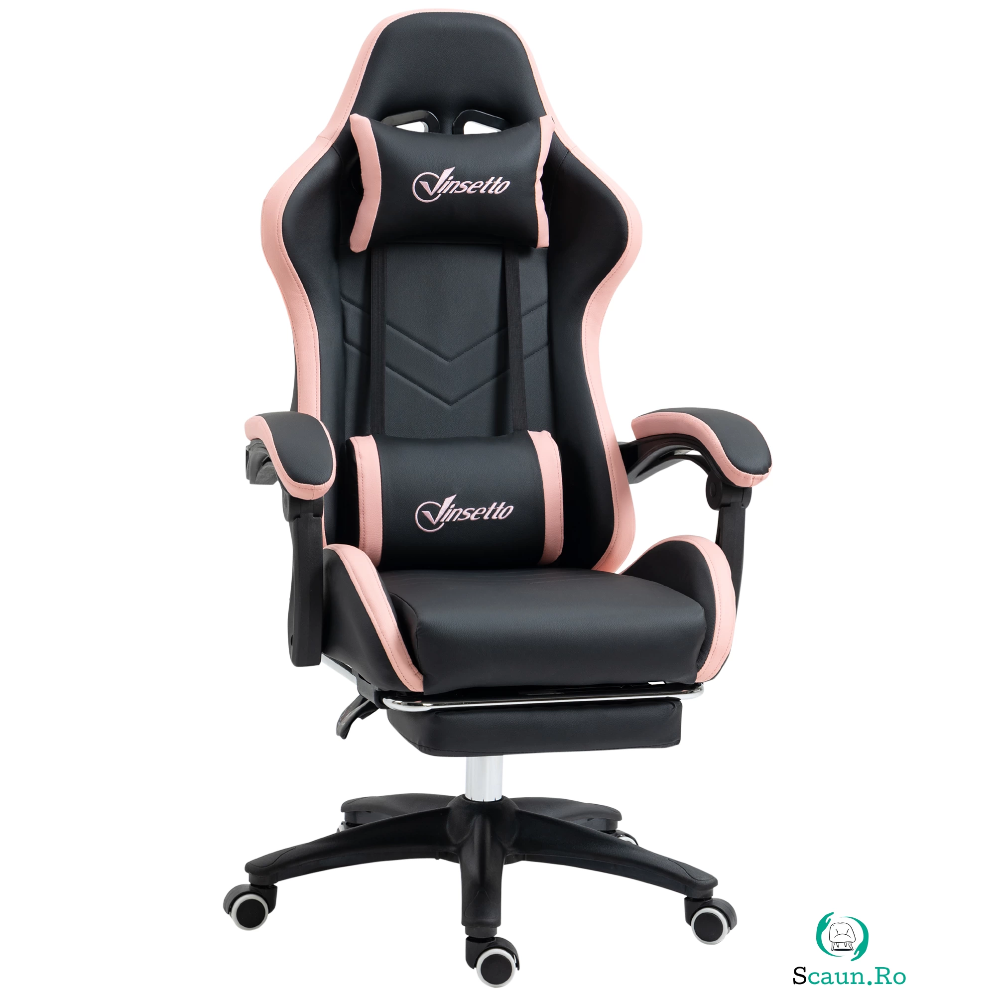 Scaun de Gaming Premium, Piele Ecologică PU, Oțel, Înălțime Ajustabilă, Spătar Inclinabil, 65x65x121-129 cm, Roz și Negru | Aosom Romania la 679.99 lei ron