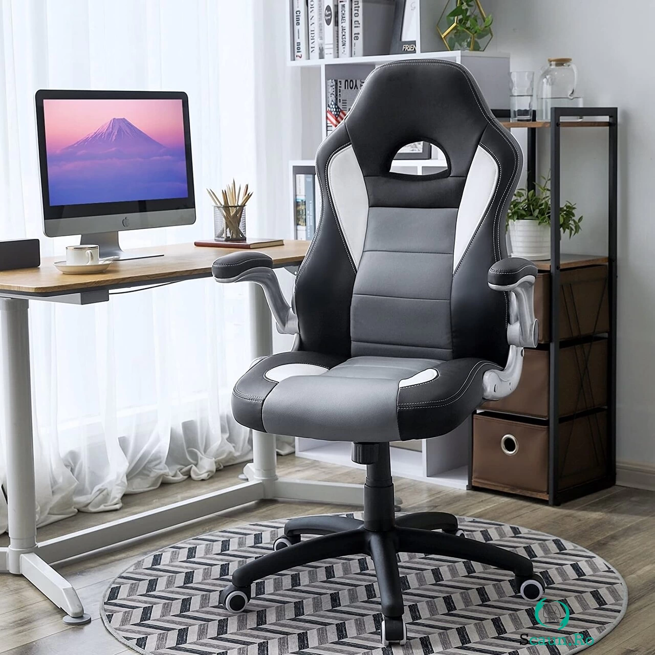 Scaun de birou ergonomic Gaming, Vasagle, piele ecologica, negru/gri/alb la 767.00 lei ron