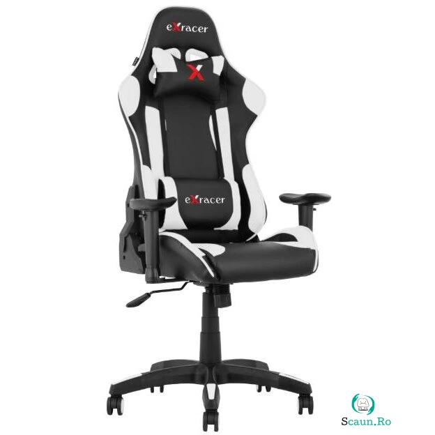 evo Scaun gaming EVO Racer X, brate reglabile, suport cervical si lombar, PU, Alb/Negru