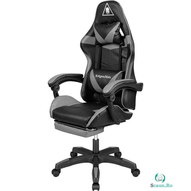 Kruger&Matz Scaun gaming, max 150 kg, 2 x perne, 5 roti, Spatar reglabil 145°, Inaltime reglabila sezut 42-52 cm, Negru/Gri