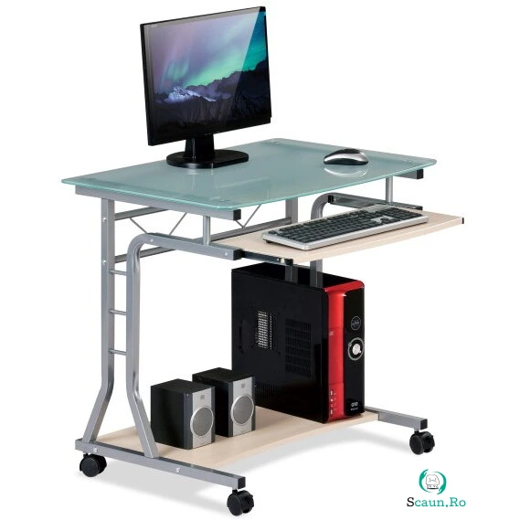 TECHLY Birou compact pentru calculator metal și sticlă cu roți