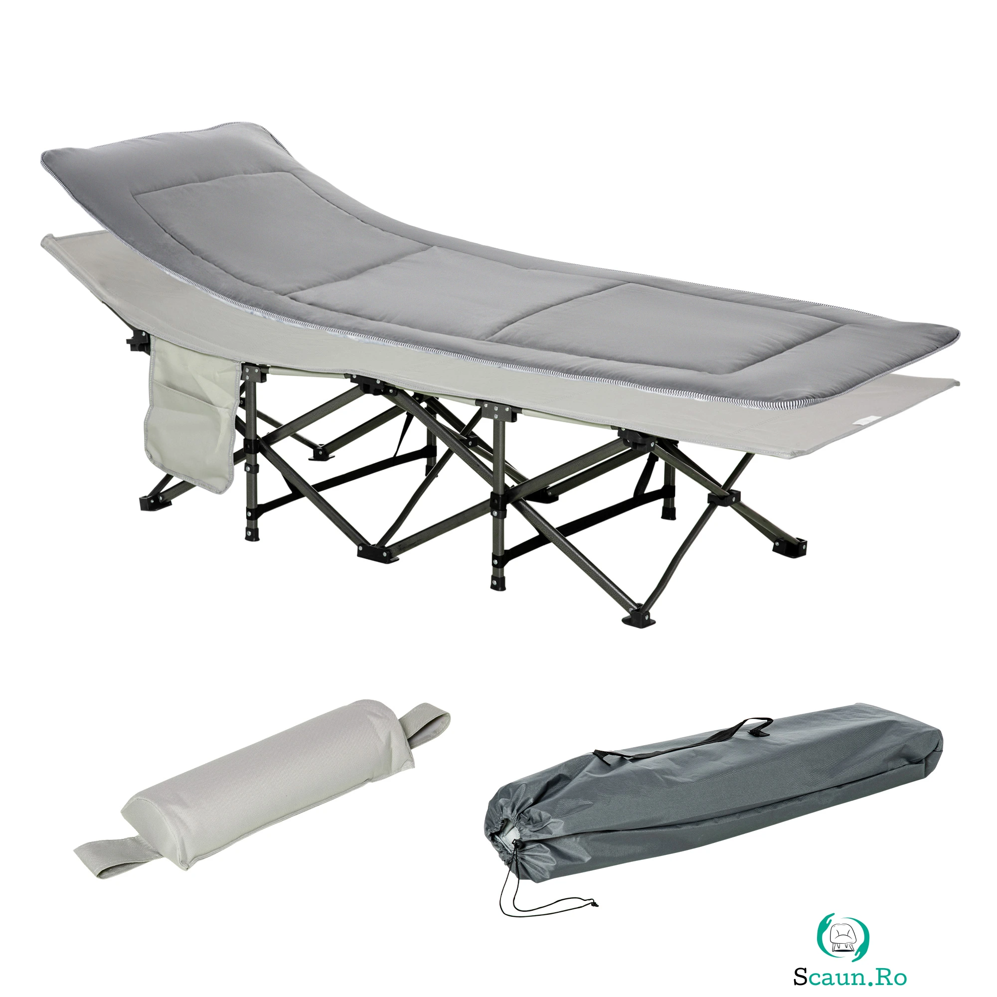 Outsunny Pat Pliabil pentru Camping cu Buzunare de Depozitare și Geantă de Transport, Pat pentru Camping, 188x64.5x53 cm, Gri | Aosom Romania la 419.99 lei ron
