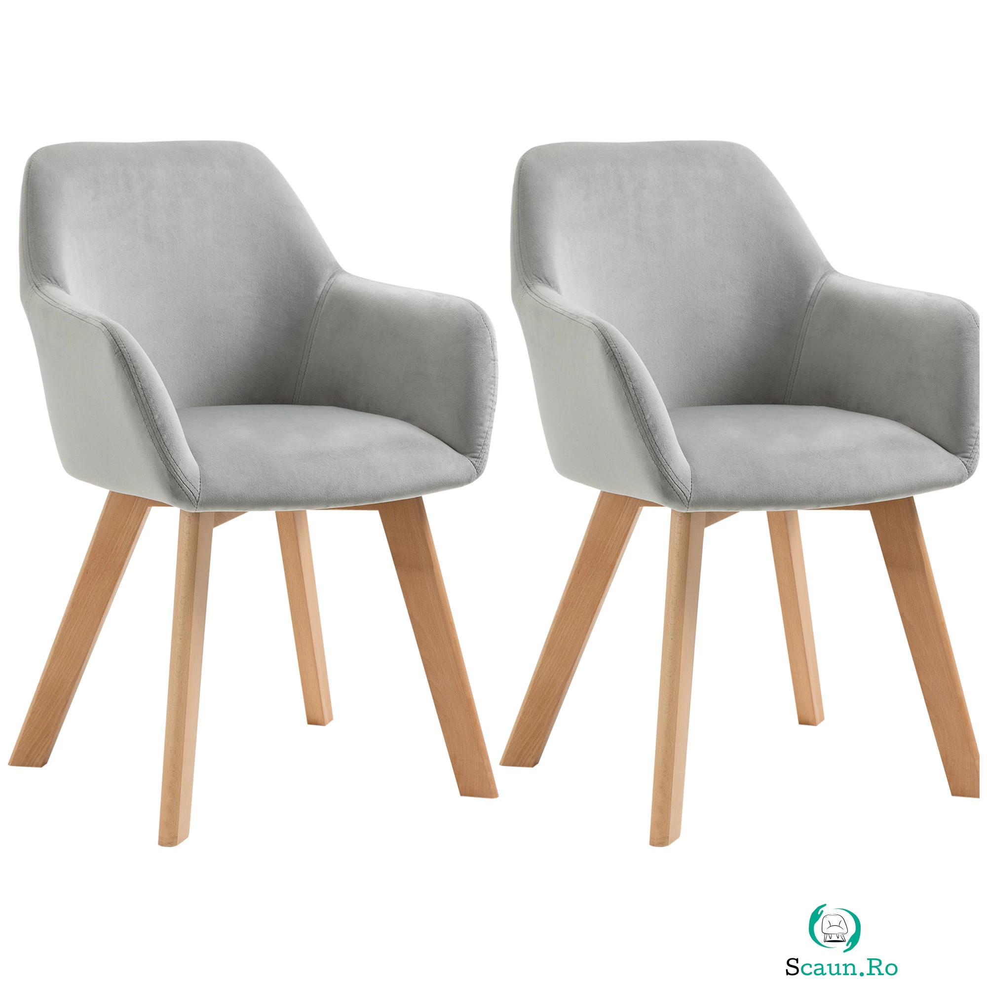 HOMCOM Set 2 Scaune de Sufragerie cu Picioare din Lemn, Scaune de Bucatarie Capitonate cu Cotiere din Tesatura Catifelata, 54x57x80cm, Gri