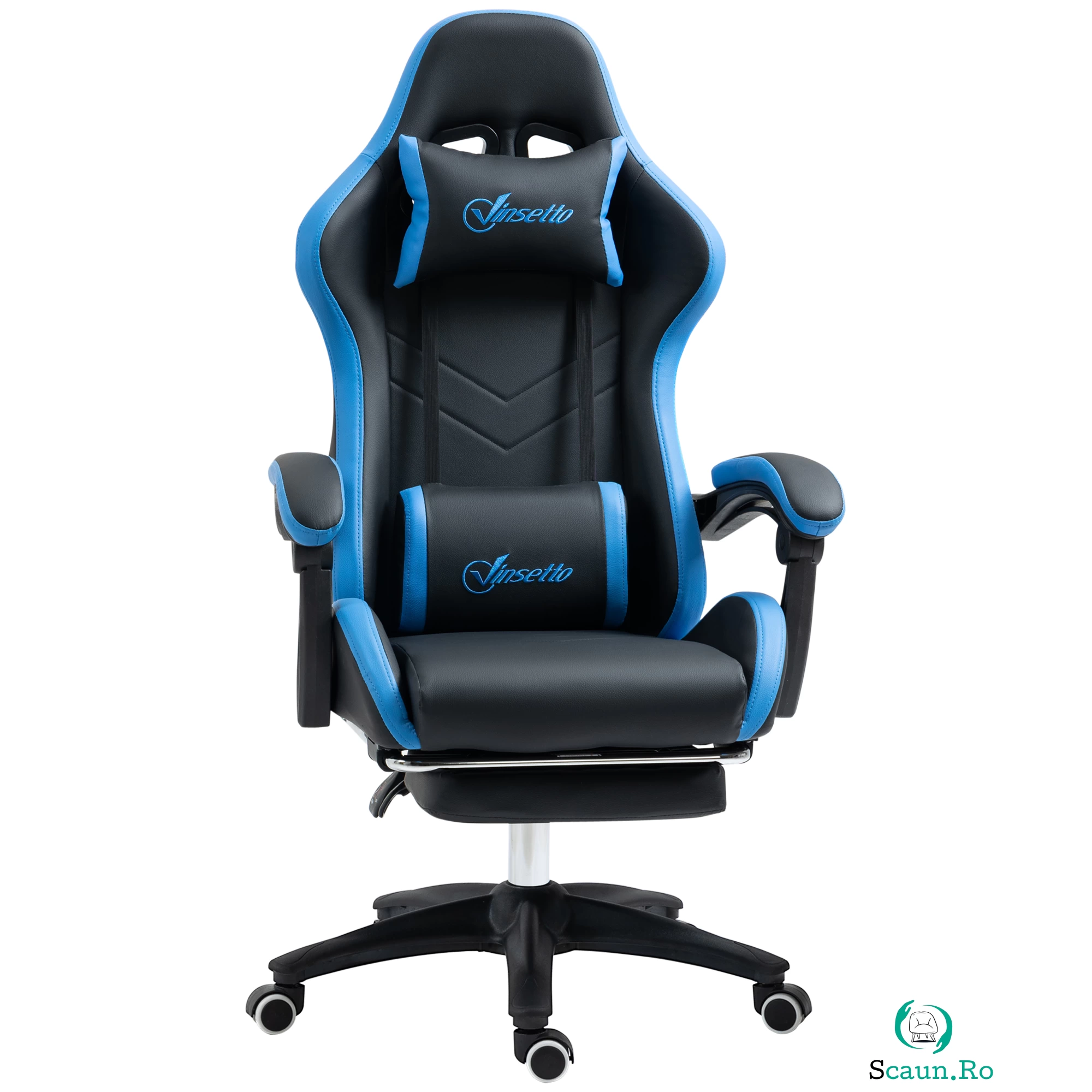 Scaun de gaming din piele ecologica PU si otel cu inaltime reglabila si spatar inclinabil, 65x65x121-129 cm, albastru si negru | Aosom Romania la 499.99 lei ron