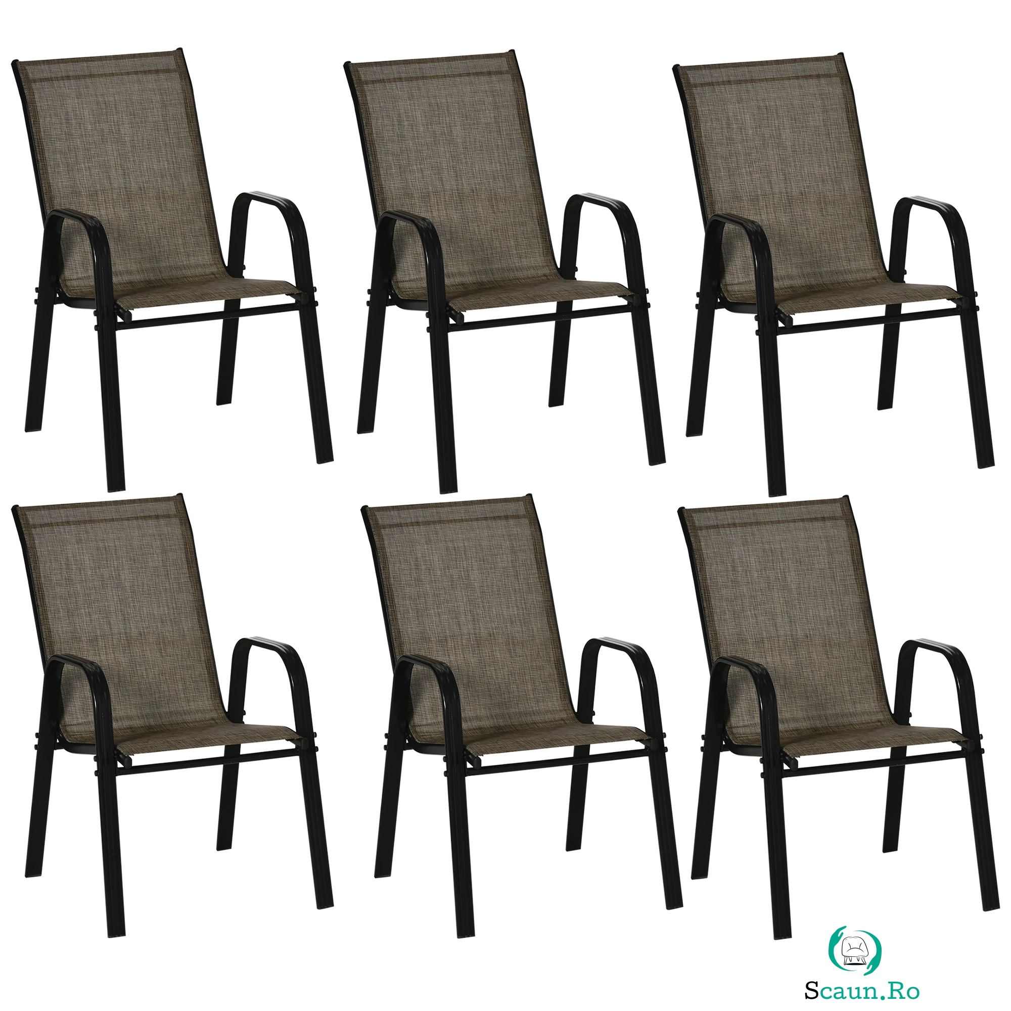 Outsunny Set 6 Piese Scaune de Gradina cu Cotiere, Scaune de Exterior Stivuibile din Metal si Tesatura Respirabila, Maro | Aosom Romania la 899.99 lei ron
