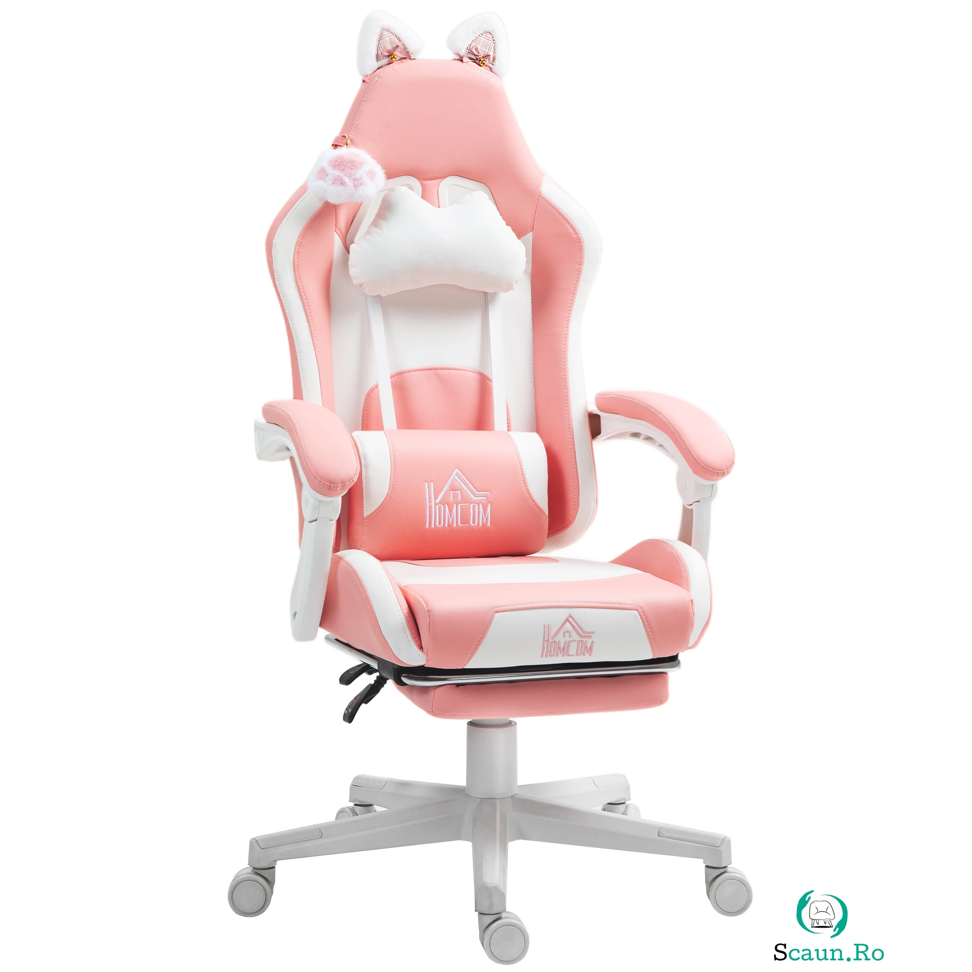HOMCOM Scaun de Gaming Ergonomic cu Urechi de Pisică, Suport pentru Picioare și Suport Lombar, 65x62x116-124 cm, Roz | Aosom Romania la 719.99 lei ron